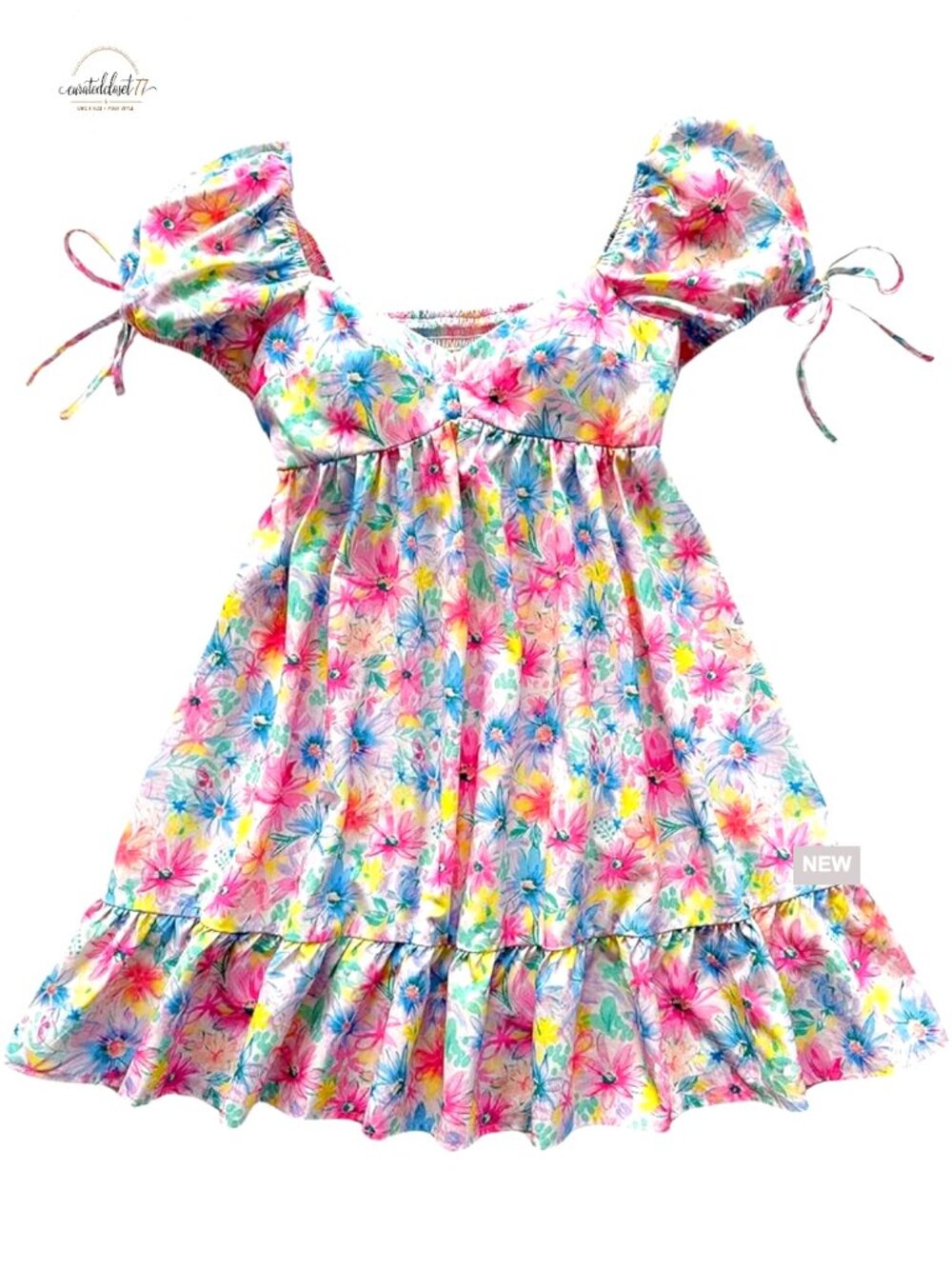 Puff Sleeve Sweetheart Neck Floral Mini Dress with Bowknot Ruffle Hem
